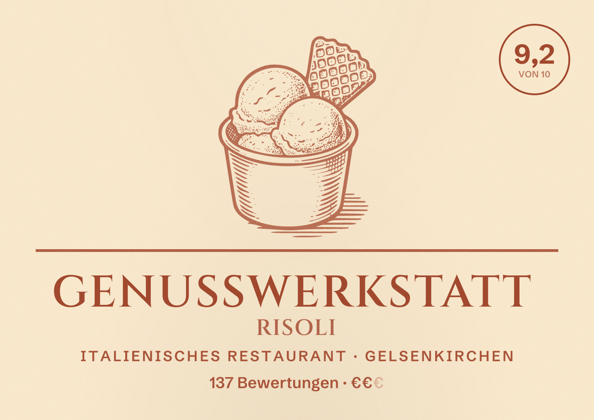 Illustriertes Poster von GenussWerkstatt Risoli, Italienisches Restaurant in Gelsenkirchen: Bewertung 9,2 von 10 aus 137 Bewertungen, Preisniveau €€