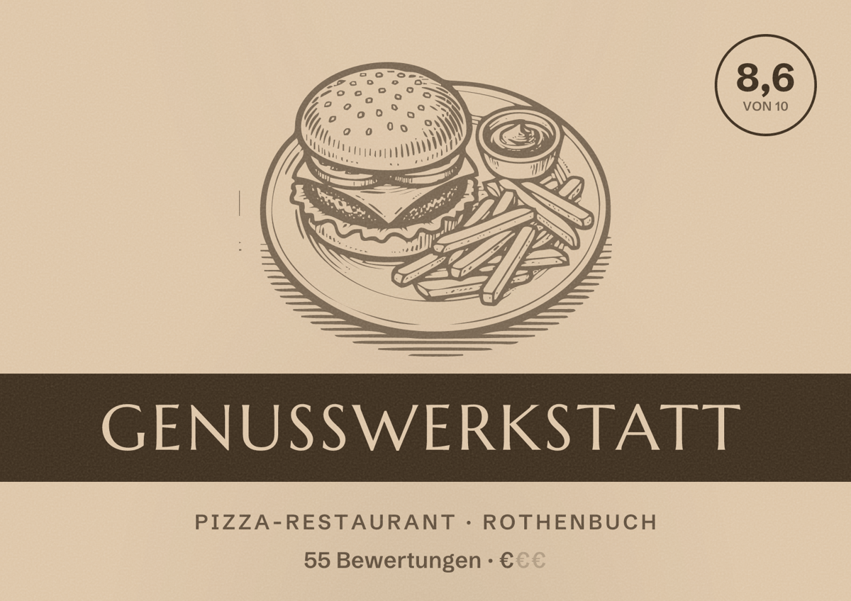 Illustriertes Poster von Genusswerkstatt, Pizza-Restaurant in Rothenbuch: Bewertung 8,6 von 10 aus 55 Bewertungen, Preisniveau €