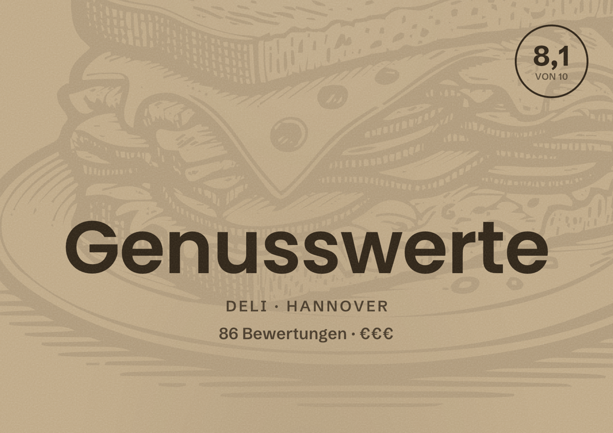 Illustriertes Poster von Genusswerte, Deli in Hannover: Bewertung 8,1 von 10 aus 86 Bewertungen, Preisniveau €€€