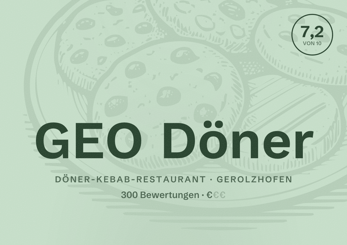 Illustriertes Poster von GEO Döner, Döner-Kebab-Restaurant in Gerolzhofen: Bewertung 7,2 von 10 aus 300 Bewertungen, Preisniveau €
