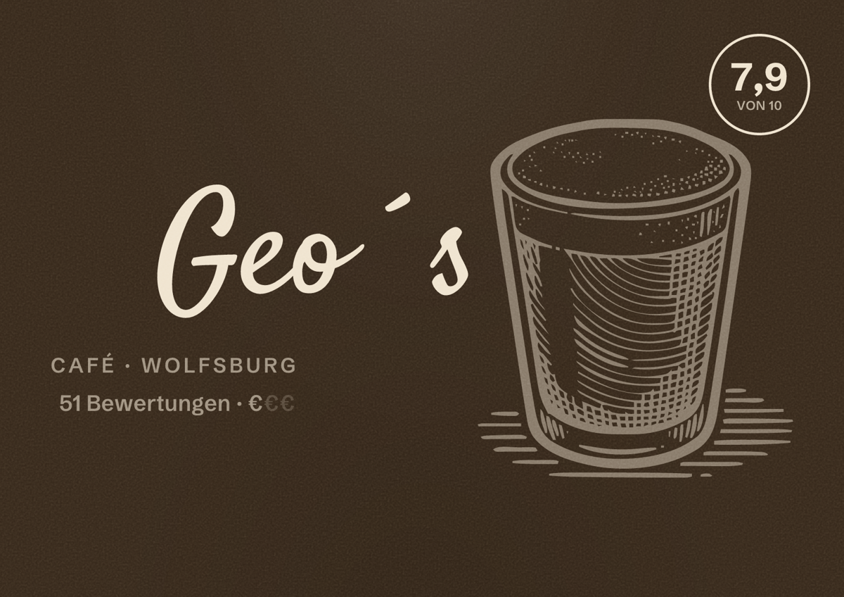 Illustriertes Poster von Geo´s, Café in Wolfsburg: Bewertung 7,9 von 10 aus 51 Bewertungen, Preisniveau €