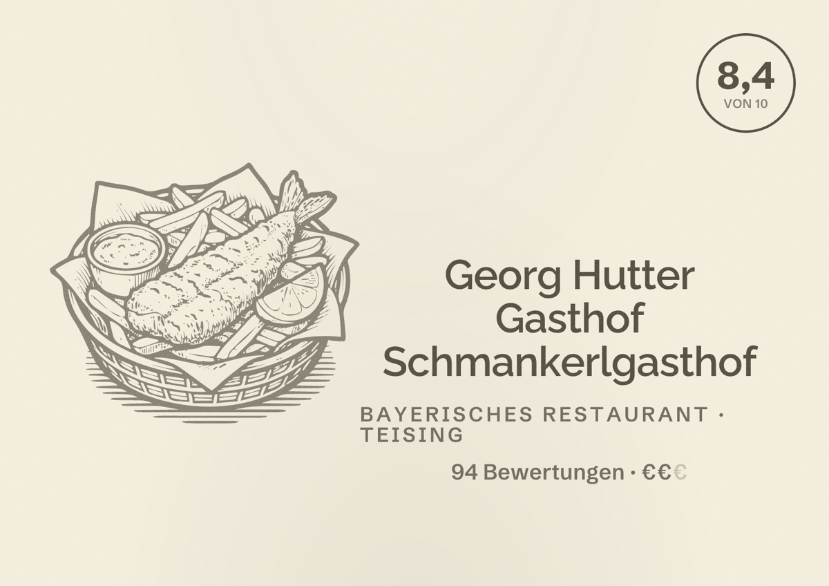 Illustriertes Poster von Georg Hutter Gasthof Schmankerlgasthof, Bayerisches Restaurant in Teising: Bewertung 8,4 von 10 aus 94 Bewertungen, Preisniveau €€