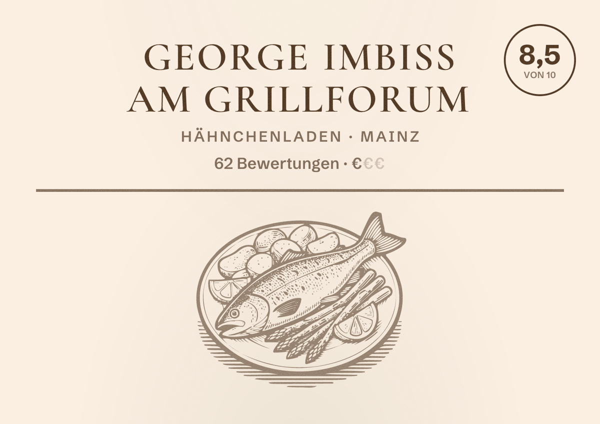 Illustriertes Poster von George imbiss am Grillforum, Hähnchenladen in Mainz: Bewertung 8,5 von 10 aus 62 Bewertungen, Preisniveau €
