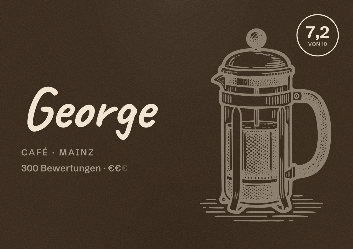 Illustriertes Poster von George, Café in Mainz: Bewertung 7,2 von 10 aus 300 Bewertungen, Preisniveau €€