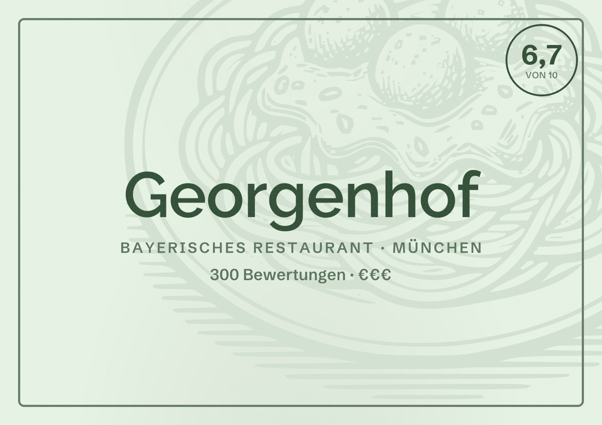 Illustriertes Poster von Georgenhof, Bayerisches Restaurant in München: Bewertung 6,7 von 10 aus 300 Bewertungen, Preisniveau €€€