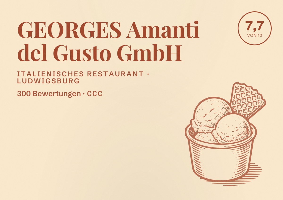 Illustriertes Poster von GEORGES Amanti del Gusto GmbH, Italienisches Restaurant in Ludwigsburg: Bewertung 7,7 von 10 aus 300 Bewertungen, Preisniveau €€€