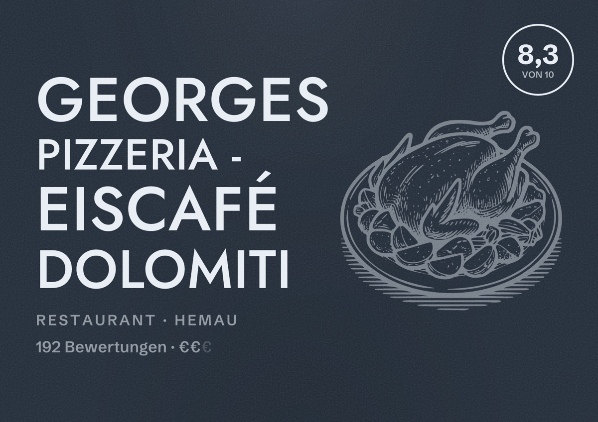Illustriertes Poster von Georges Pizzeria - Eiscafé Dolomiti, Restaurant in Hemau: Bewertung 8,3 von 10 aus 192 Bewertungen, Preisniveau €€