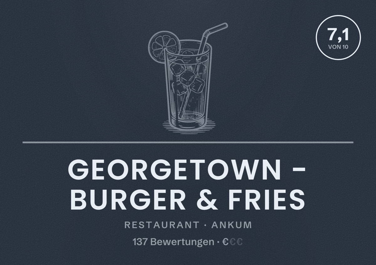 Illustriertes Poster von Georgetown - Burger & Fries, Restaurant in Ankum: Bewertung 7,1 von 10 aus 137 Bewertungen, Preisniveau €