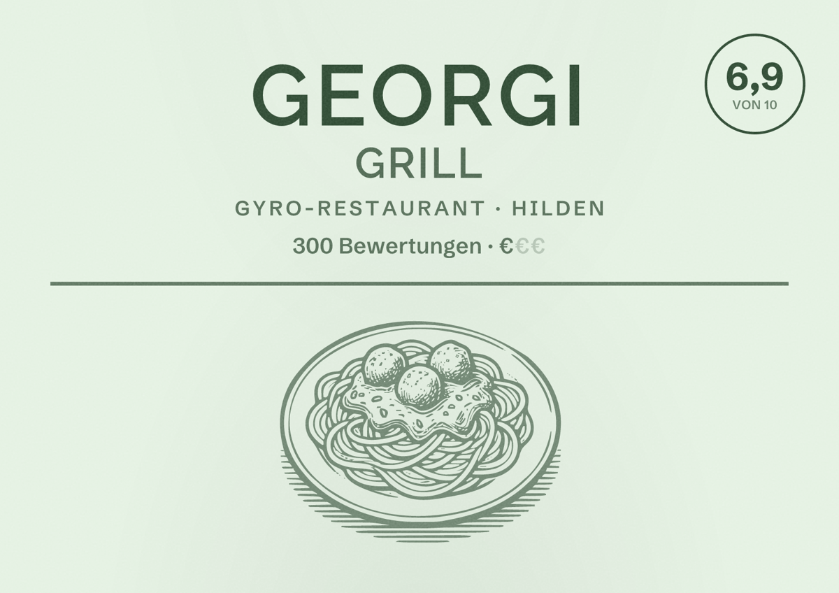 Illustriertes Poster von Georgi Grill, Gyro-Restaurant in Hilden: Bewertung 6,9 von 10 aus 300 Bewertungen, Preisniveau €