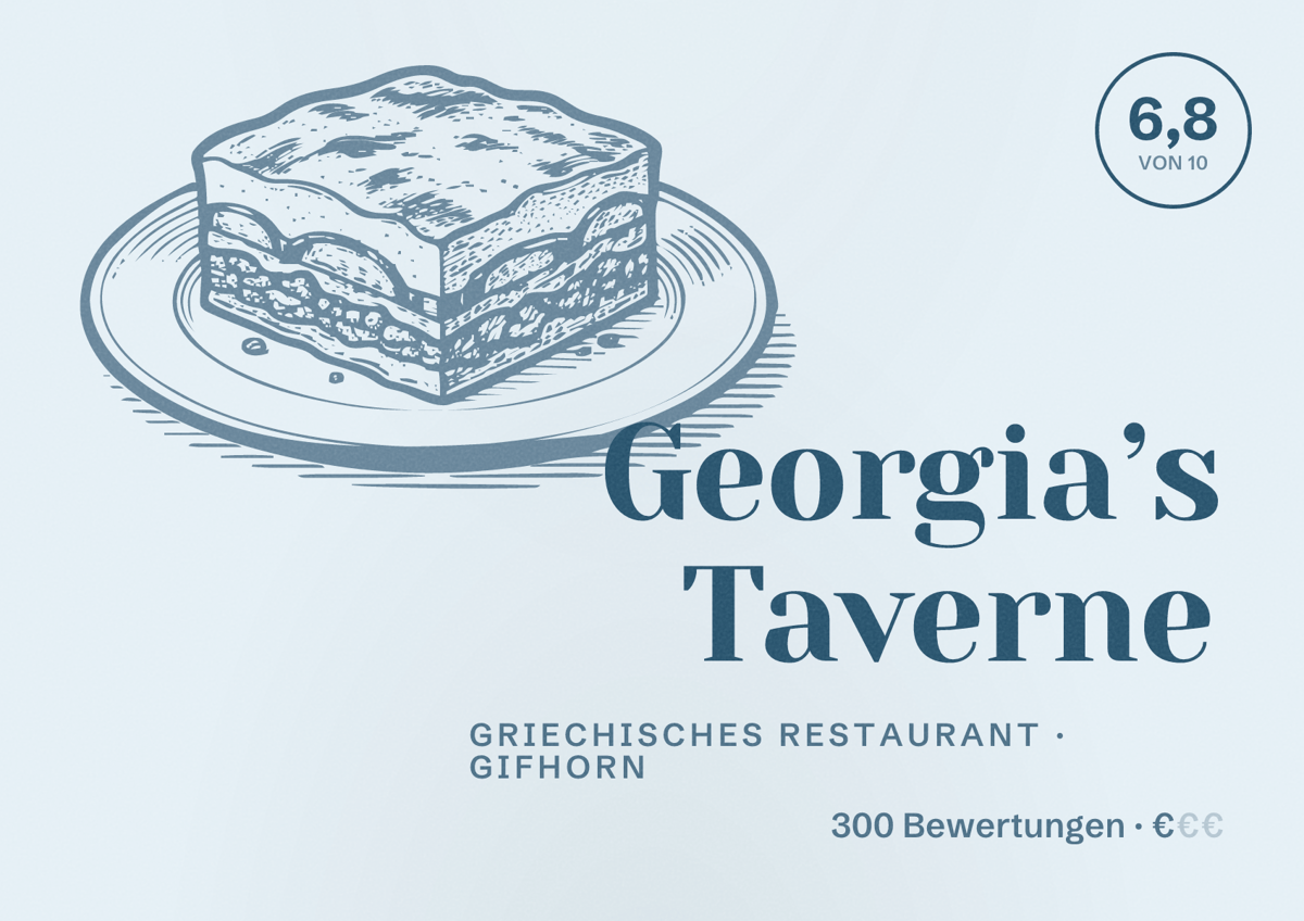 Illustriertes Poster von Georgia’s Taverne, Griechisches Restaurant in Gifhorn: Bewertung 6,8 von 10 aus 300 Bewertungen, Preisniveau €