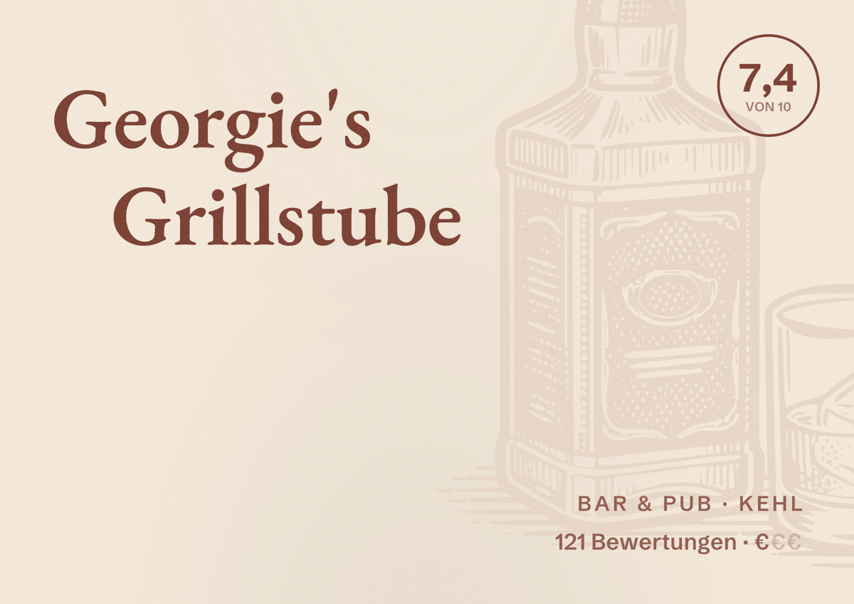 Illustriertes Poster von Georgie's Grillstube, Bar & Pub in Kehl: Bewertung 7,4 von 10 aus 121 Bewertungen, Preisniveau €
