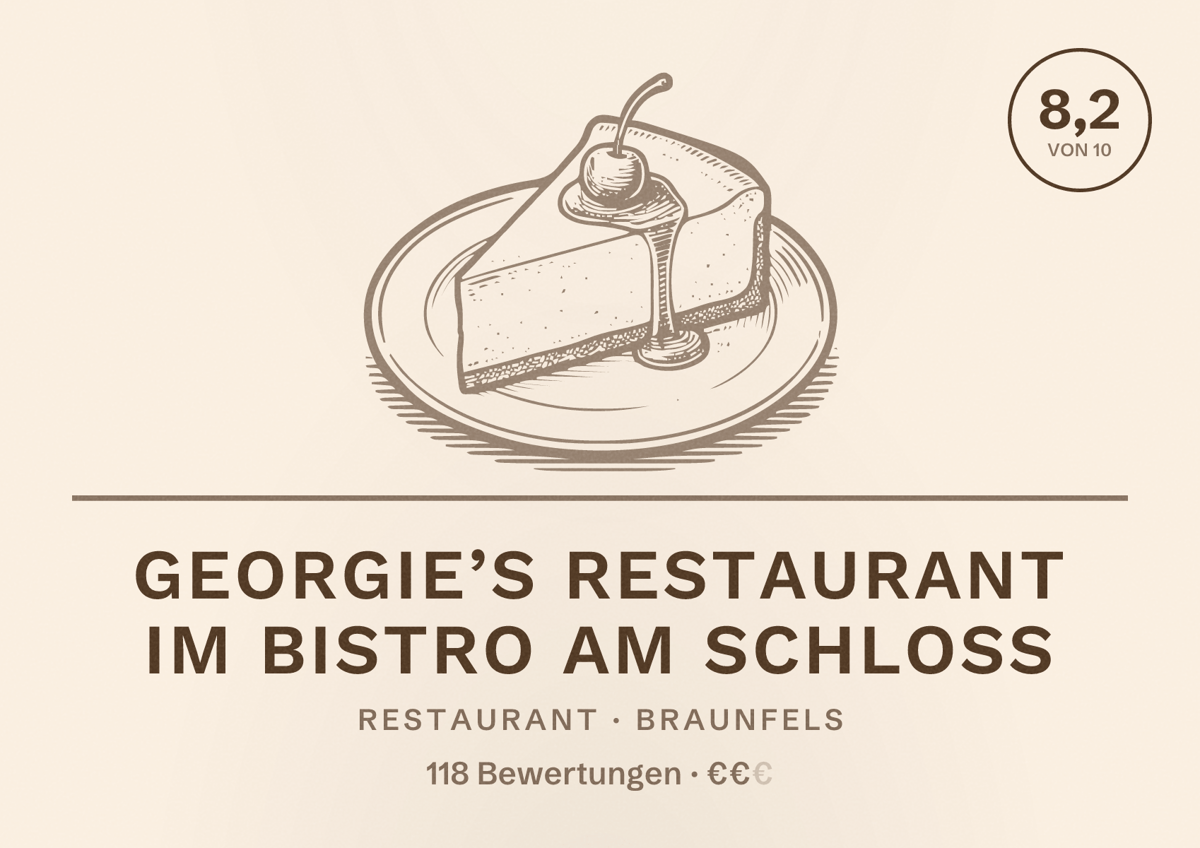 Illustriertes Poster von Georgie’s Restaurant im Bistro am Schloss, Restaurant in Braunfels: Bewertung 8,2 von 10 aus 118 Bewertungen, Preisniveau €€