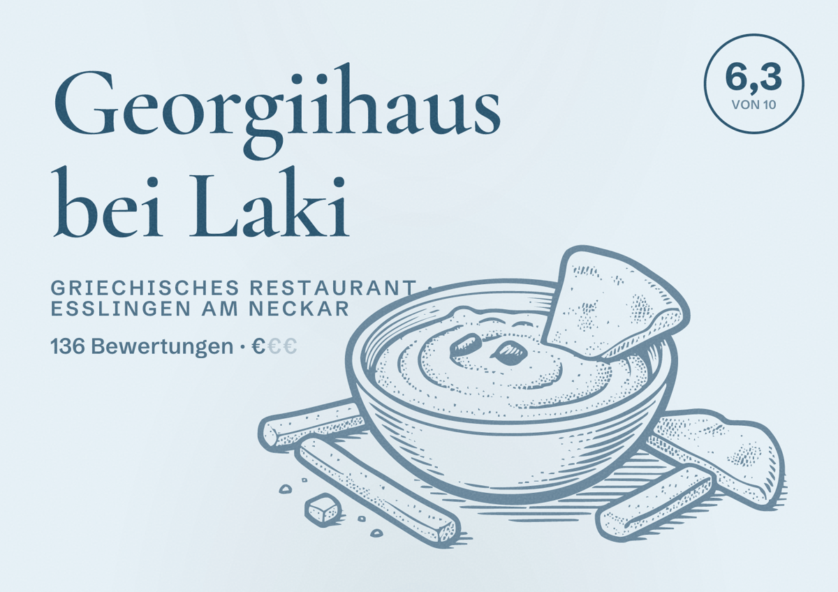 Illustriertes Poster von Georgiihaus bei Laki, Griechisches Restaurant in Esslingen am Neckar: Bewertung 6,3 von 10 aus 136 Bewertungen, Preisniveau €