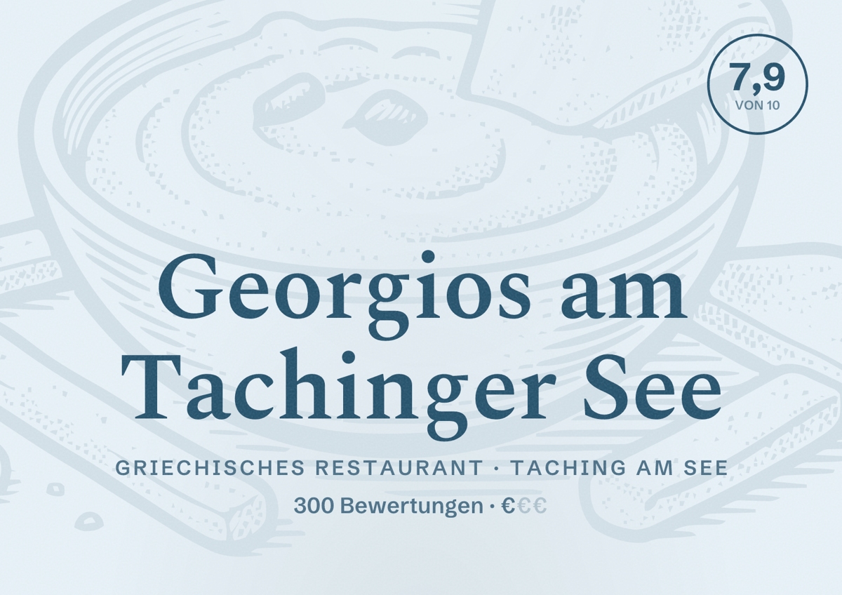 Illustriertes Poster von Georgios am Tachinger See, Griechisches Restaurant in Taching am See: Bewertung 7,9 von 10 aus 300 Bewertungen, Preisniveau €