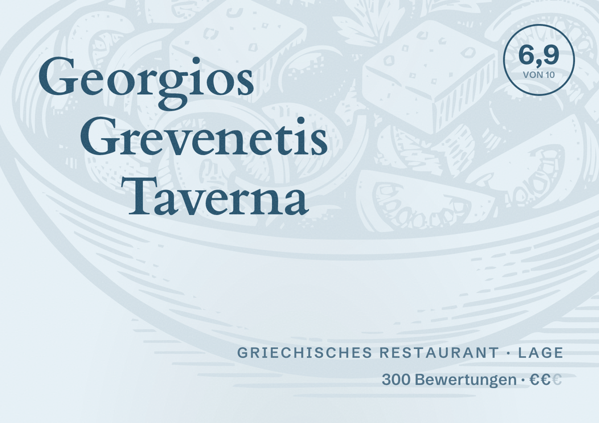 Illustriertes Poster von Georgios Grevenetis Taverna, Griechisches Restaurant in Lage: Bewertung 6,9 von 10 aus 300 Bewertungen, Preisniveau €€