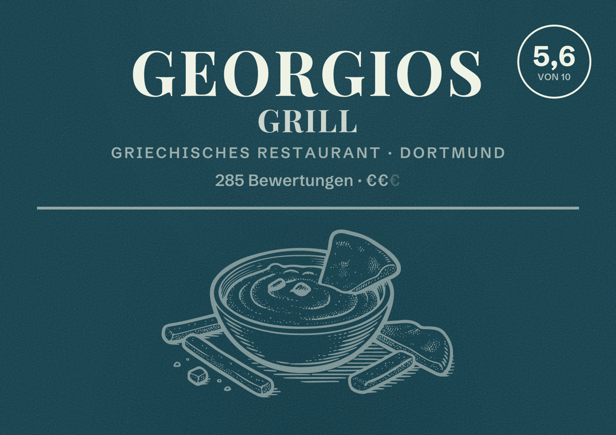 Illustriertes Poster von Georgios Grill, Griechisches Restaurant in Dortmund: Bewertung 5,6 von 10 aus 285 Bewertungen, Preisniveau €€