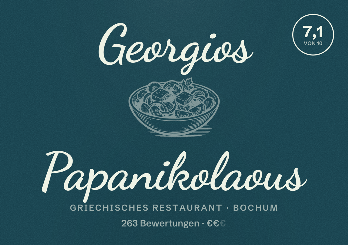 Illustriertes Poster von Georgios Papanikolaous, Griechisches Restaurant in Bochum: Bewertung 7,1 von 10 aus 263 Bewertungen, Preisniveau €€