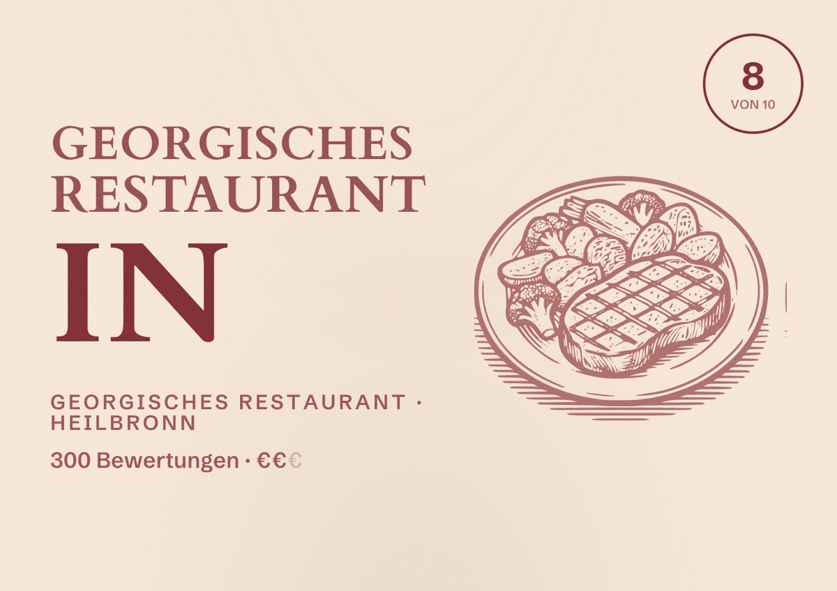 Illustriertes Poster von Georgisches Restaurant in, Georgisches Restaurant in Heilbronn: Bewertung 8 von 10 aus 300 Bewertungen, Preisniveau €€