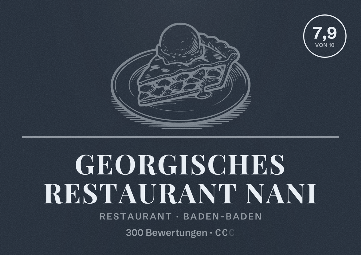 Illustriertes Poster von Georgisches Restaurant Nani, Restaurant in Baden-Baden: Bewertung 7,9 von 10 aus 300 Bewertungen, Preisniveau €€