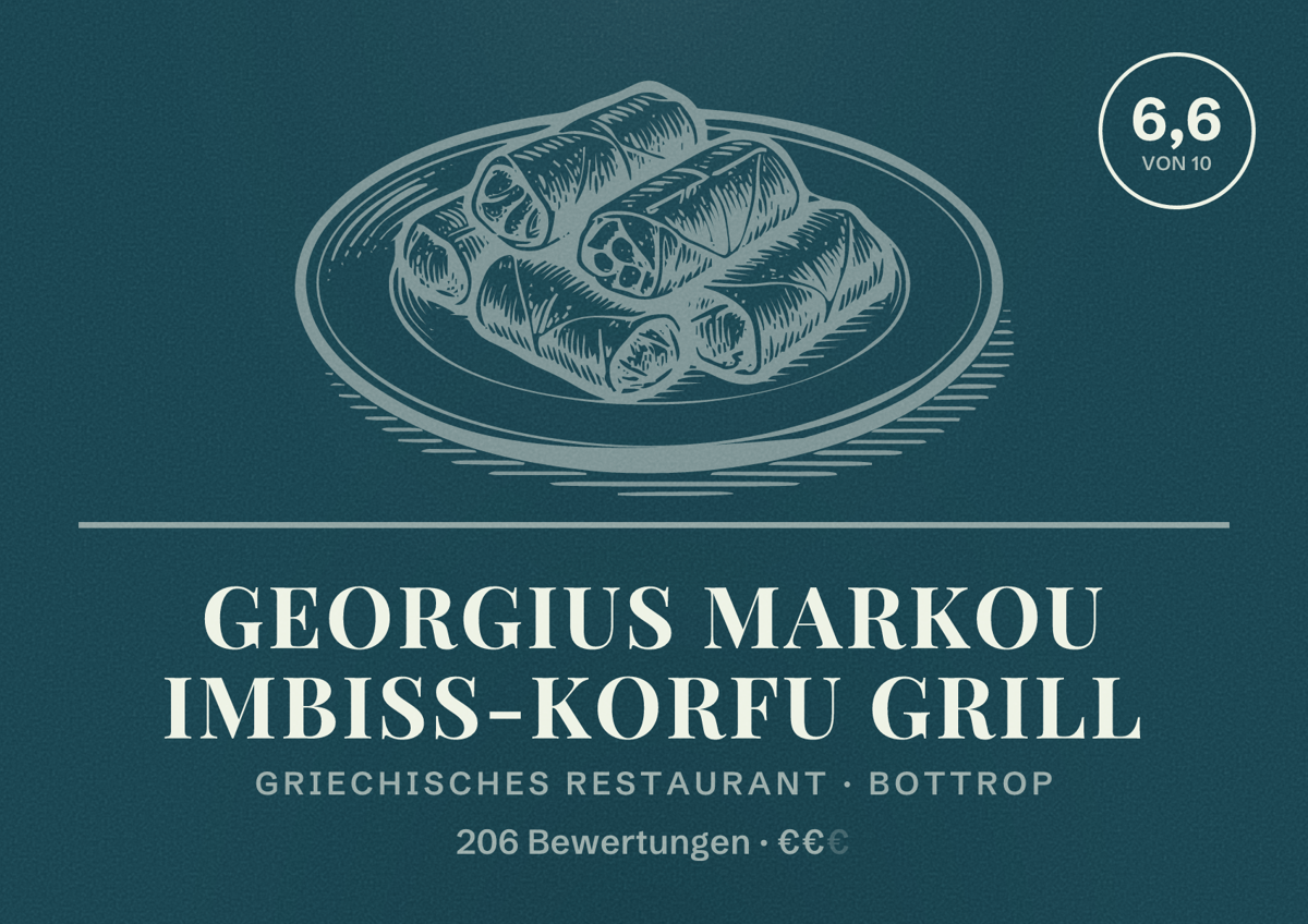 Illustriertes Poster von Georgius Markou Imbiss-Korfu Grill, Griechisches Restaurant in Bottrop: Bewertung 6,6 von 10 aus 206 Bewertungen, Preisniveau €€