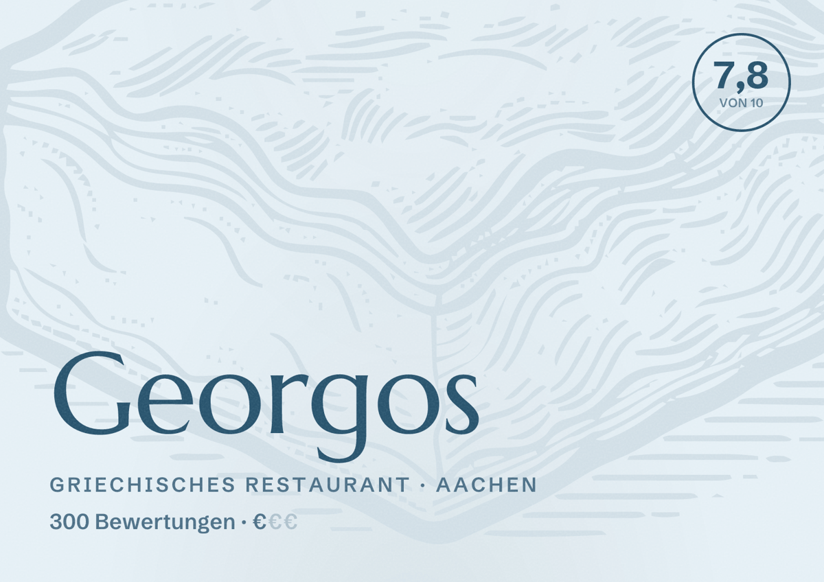 Illustriertes Poster von Georgos, Griechisches Restaurant in Aachen: Bewertung 7,8 von 10 aus 300 Bewertungen, Preisniveau €