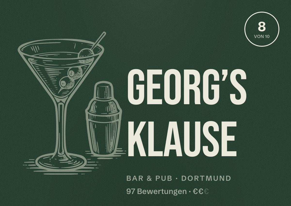 Illustriertes Poster von Georg’s Klause, Bar & Pub in Dortmund: Bewertung 8 von 10 aus 97 Bewertungen, Preisniveau €€
