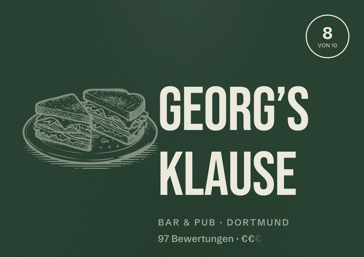 Illustriertes Poster von Georg’s Klause, Bar & Pub in Dortmund: Bewertung 8 von 10 aus 97 Bewertungen, Preisniveau €€