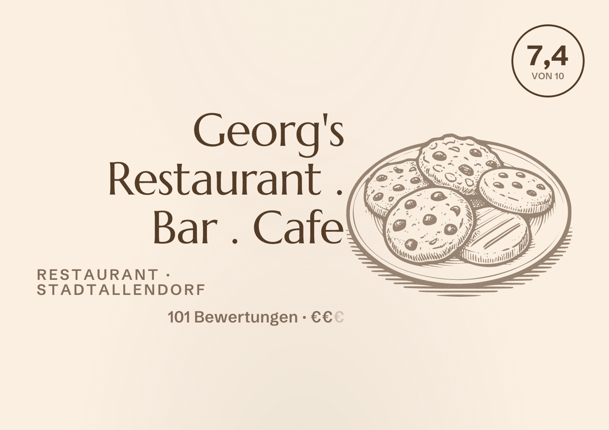 Illustriertes Poster von Georg's Restaurant . Bar . Cafe, Restaurant in Stadtallendorf: Bewertung 7,4 von 10 aus 101 Bewertungen, Preisniveau €€