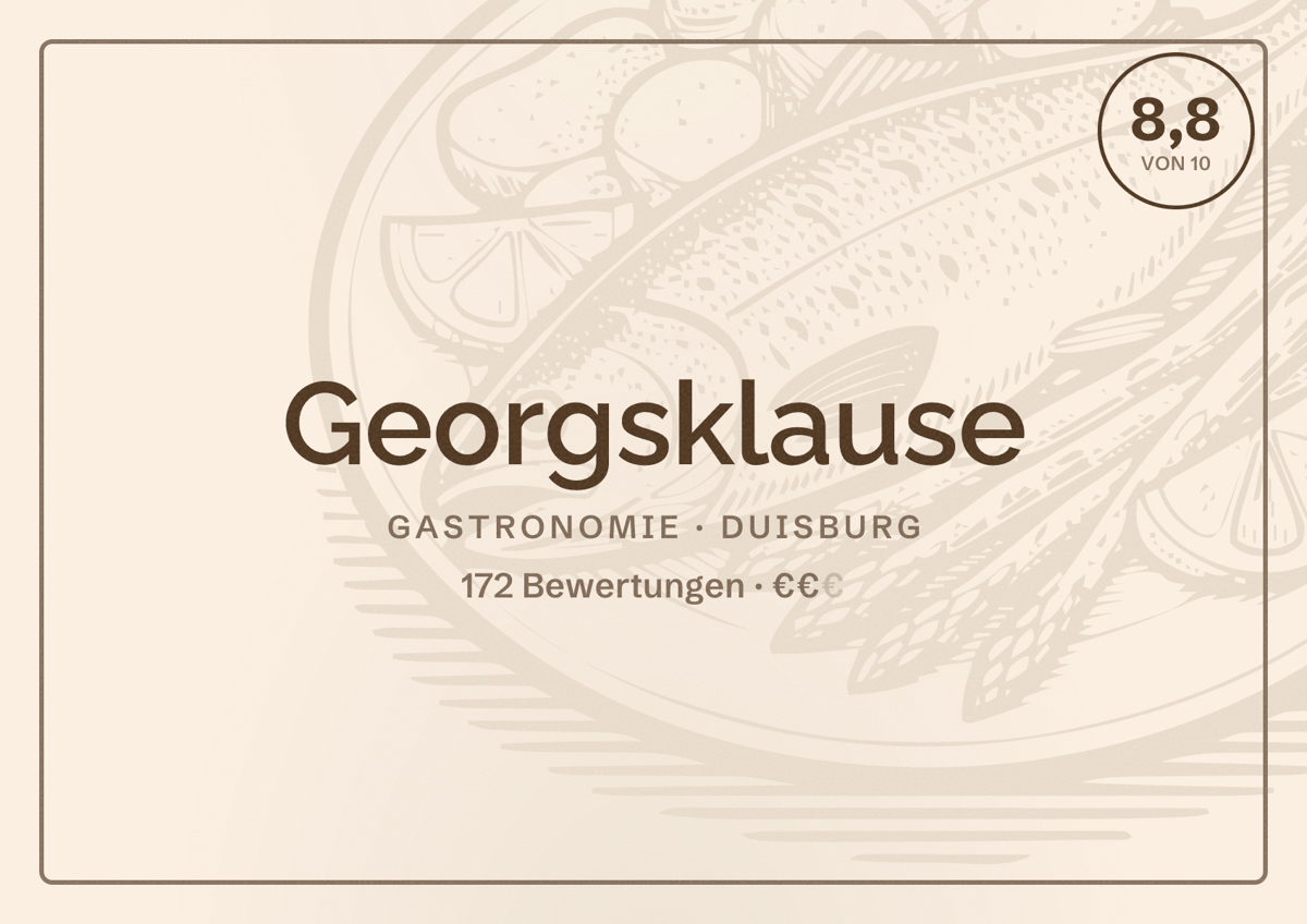 Illustriertes Poster von Georgsklause, Gastronomie in Duisburg: Bewertung 8,8 von 10 aus 172 Bewertungen, Preisniveau €€