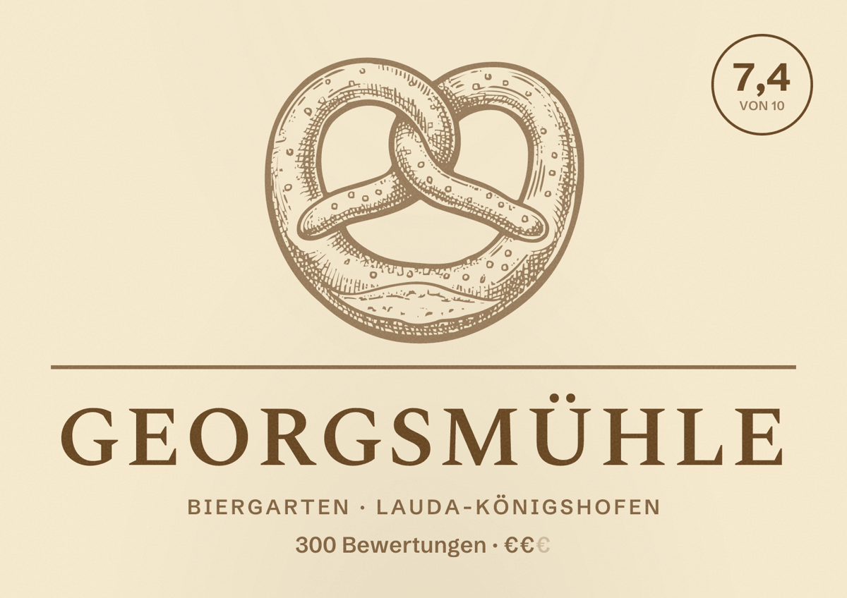 Illustriertes Poster von Georgsmühle, Biergarten in Lauda-Königshofen: Bewertung 7,4 von 10 aus 300 Bewertungen, Preisniveau €€