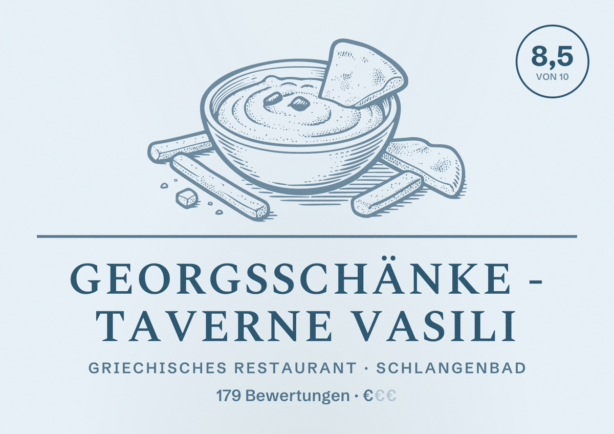 Illustriertes Poster von Georgsschänke - Taverne Vasili, Griechisches Restaurant in Schlangenbad: Bewertung 8,5 von 10 aus 179 Bewertungen, Preisniveau €