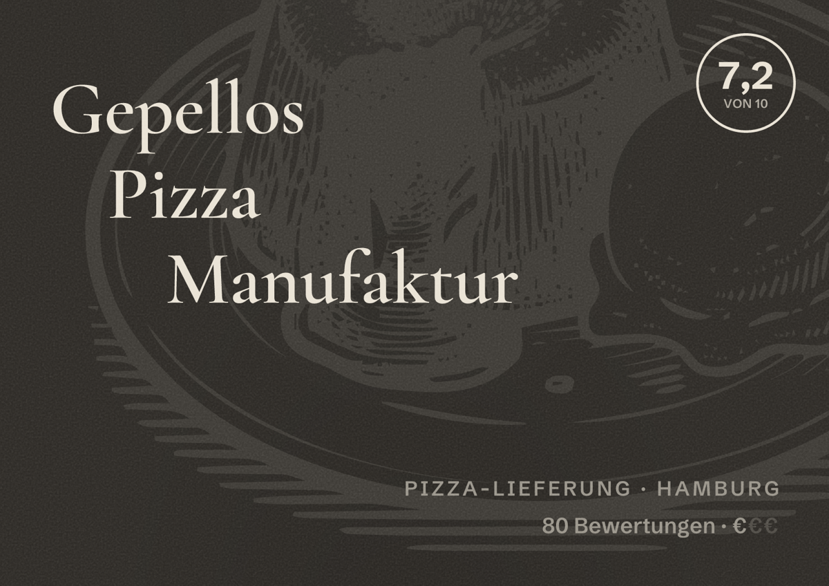 Illustriertes Poster von Gepellos Pizza Manufaktur, Pizza-Lieferung in Hamburg: Bewertung 7,2 von 10 aus 80 Bewertungen, Preisniveau €