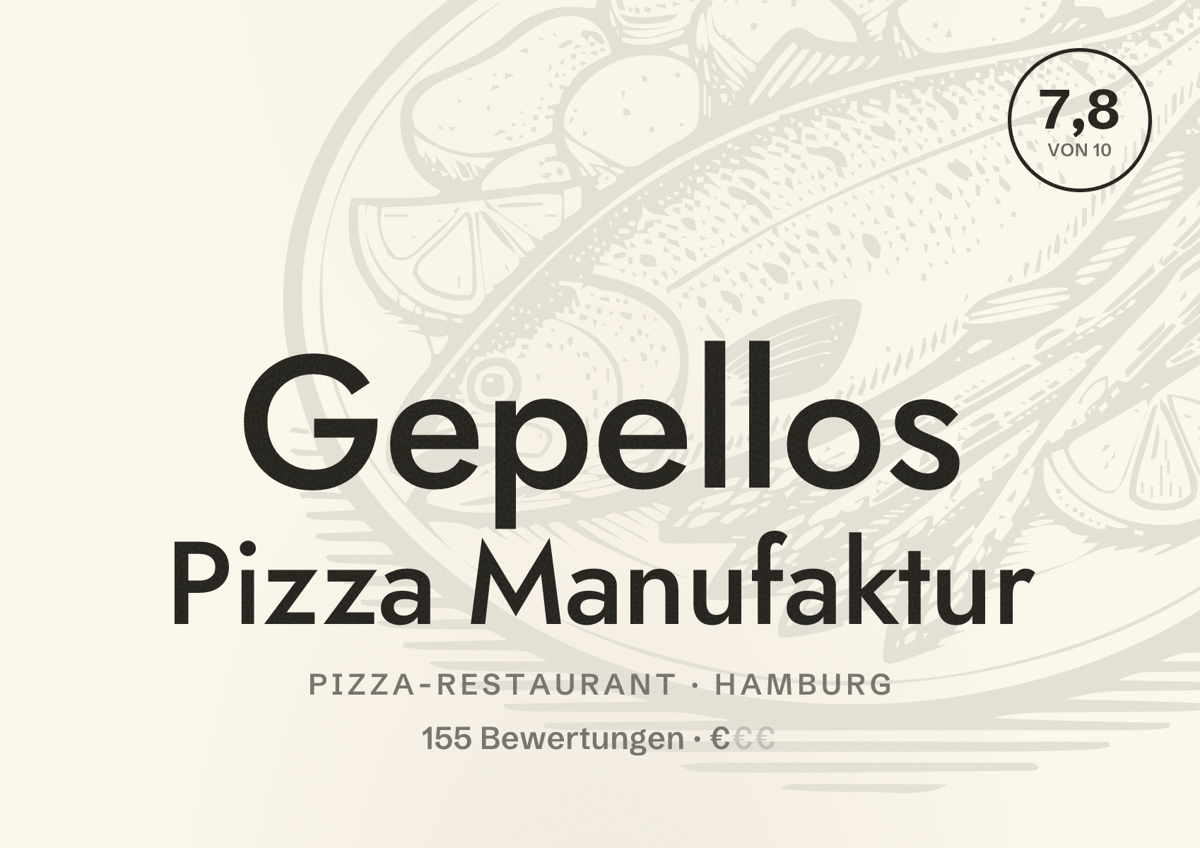 Illustriertes Poster von Gepellos Pizza Manufaktur, Pizza-Restaurant in Hamburg: Bewertung 7,8 von 10 aus 155 Bewertungen, Preisniveau €