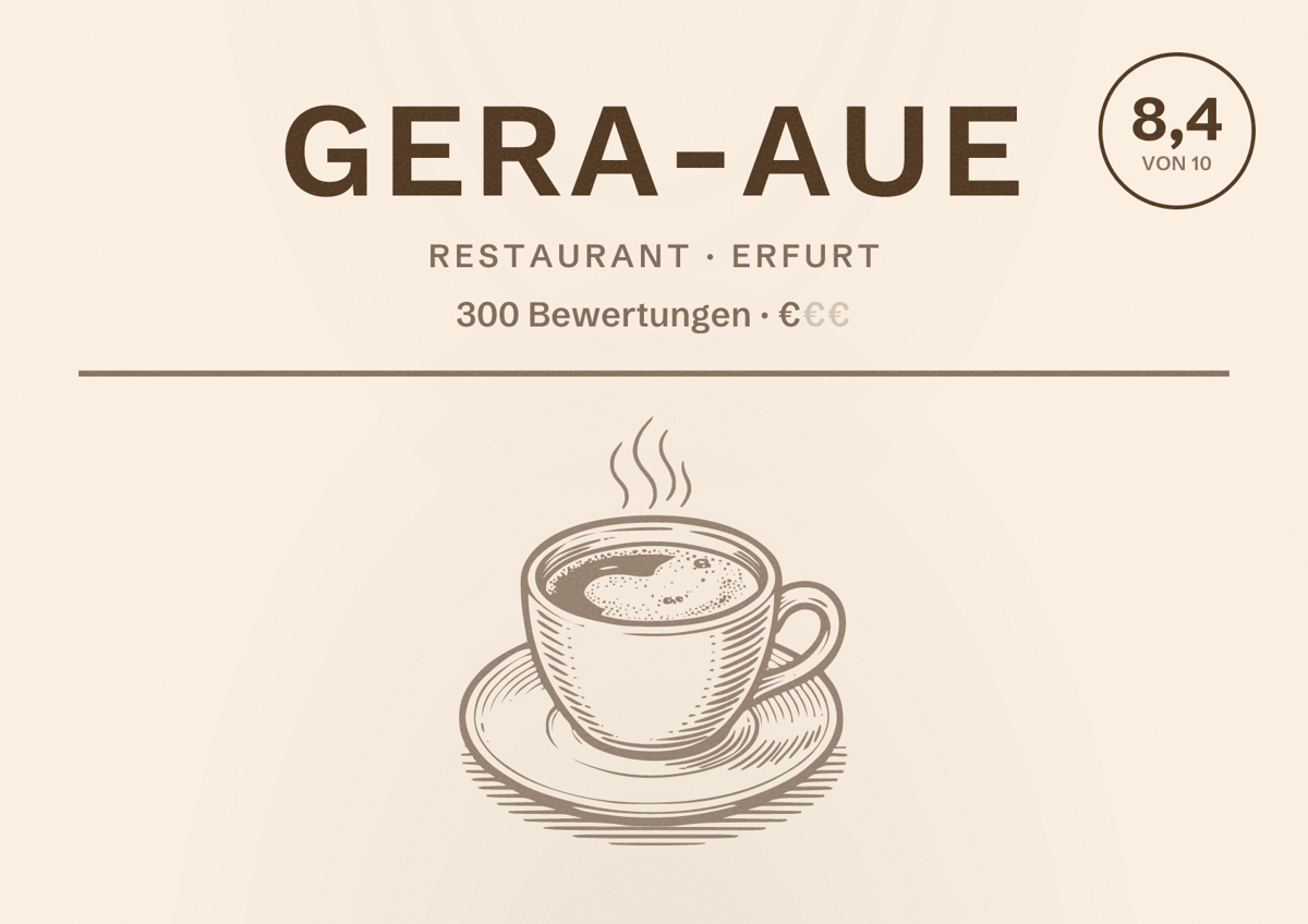 Illustriertes Poster von Gera-Aue, Restaurant in Erfurt: Bewertung 8,4 von 10 aus 300 Bewertungen, Preisniveau €