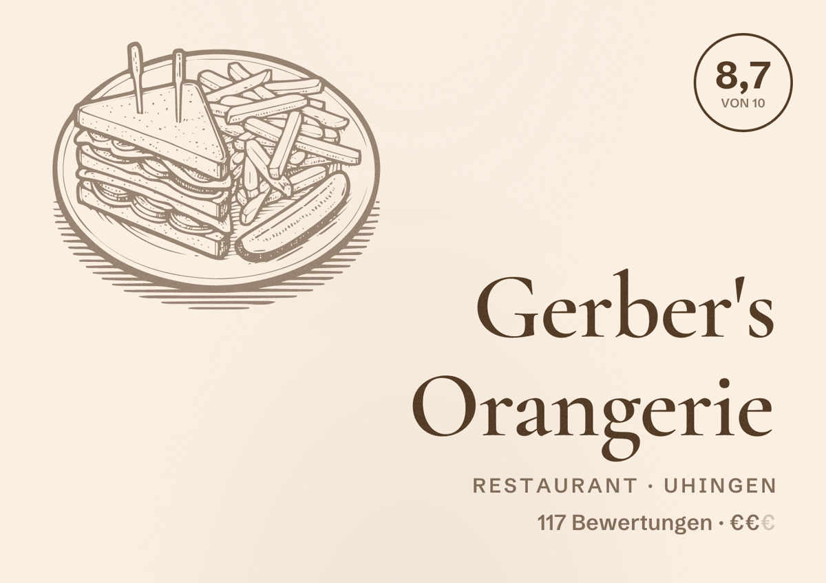 Illustriertes Poster von Gerber's Orangerie, Restaurant in Uhingen: Bewertung 8,7 von 10 aus 117 Bewertungen, Preisniveau €€