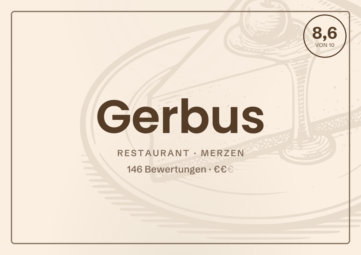 Illustriertes Poster von Gerbus, Restaurant in Merzen: Bewertung 8,6 von 10 aus 146 Bewertungen, Preisniveau €€