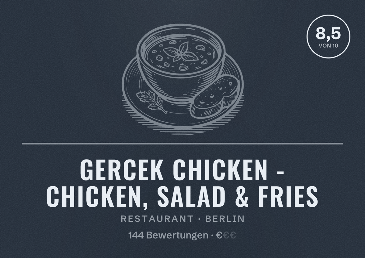 Illustriertes Poster von Gercek Chicken - Chicken, Salad & Fries, Restaurant in Berlin: Bewertung 8,5 von 10 aus 144 Bewertungen, Preisniveau €