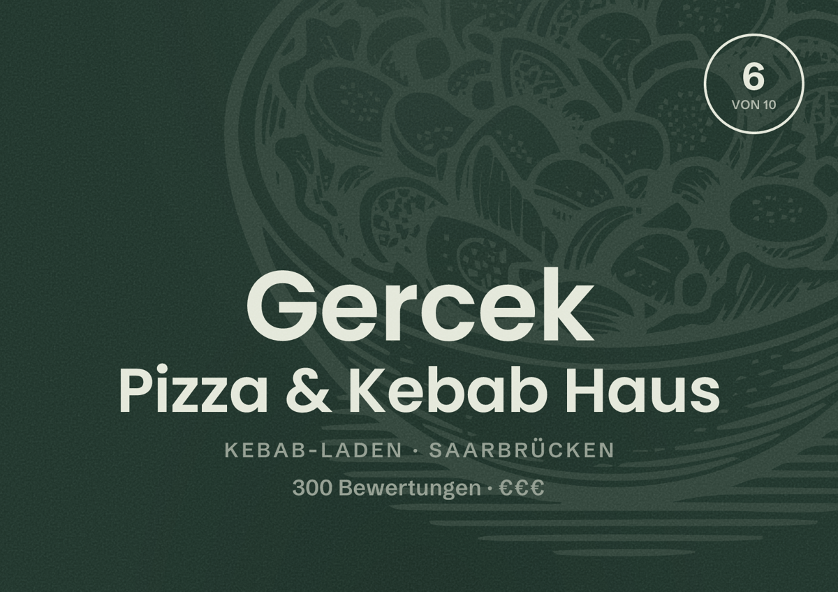 Illustriertes Poster von Gercek Pizza & Kebab Haus, Kebab-Laden in Saarbrücken: Bewertung 6,0 von 10 aus 300 Bewertungen, Preisniveau €€€