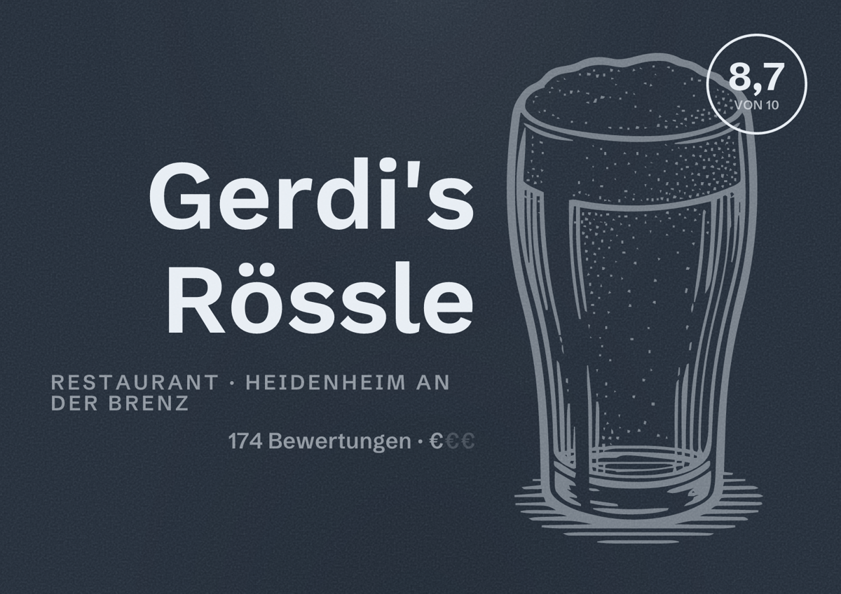 Illustriertes Poster von Gerdi's Rössle, Restaurant in Heidenheim an der Brenz: Bewertung 8,7 von 10 aus 174 Bewertungen, Preisniveau €