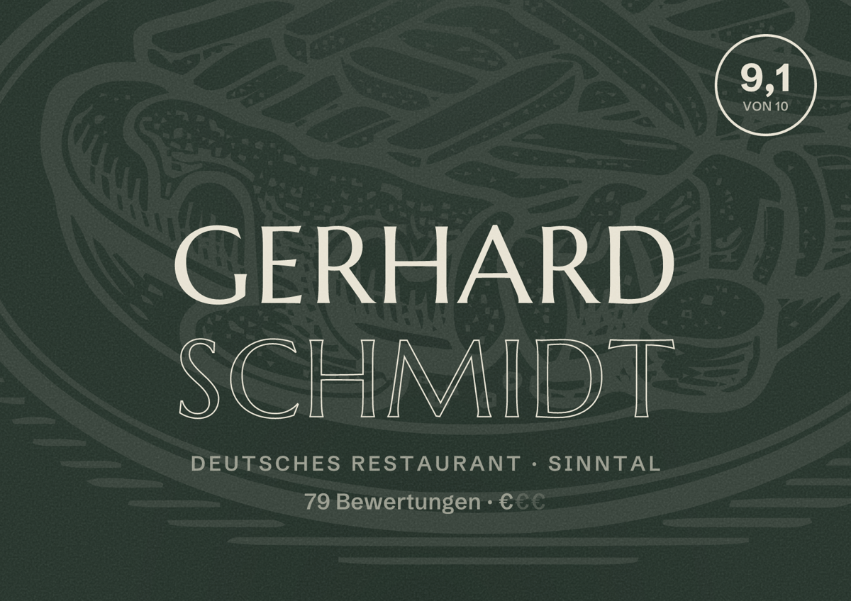Illustriertes Poster von Gerhard Schmidt, Deutsches Restaurant in Sinntal: Bewertung 9,1 von 10 aus 79 Bewertungen, Preisniveau €