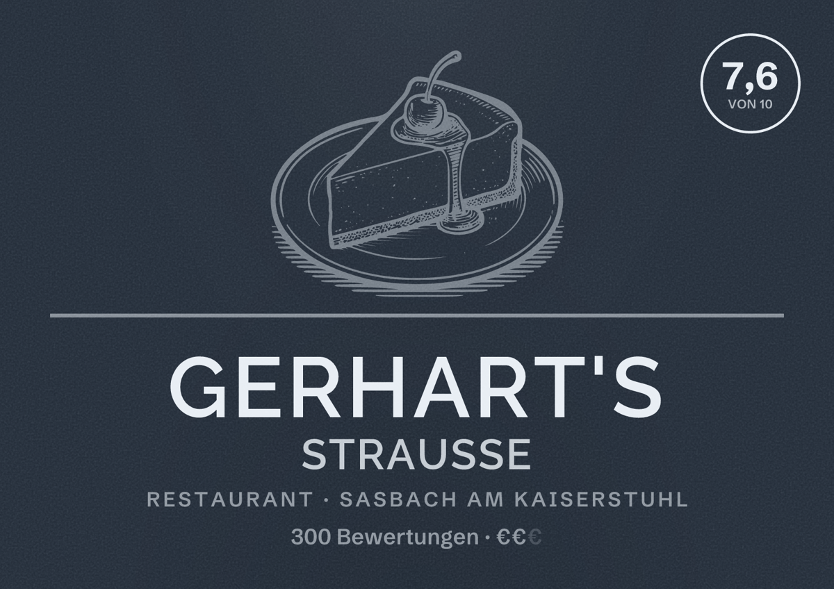 Illustriertes Poster von Gerhart's Strauße, Restaurant in Sasbach am Kaiserstuhl: Bewertung 7,6 von 10 aus 300 Bewertungen, Preisniveau €€
