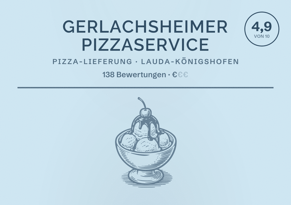 Illustriertes Poster von Gerlachsheimer Pizzaservice, Pizza-Lieferung in Lauda-Königshofen: Bewertung 4,9 von 10 aus 138 Bewertungen, Preisniveau €