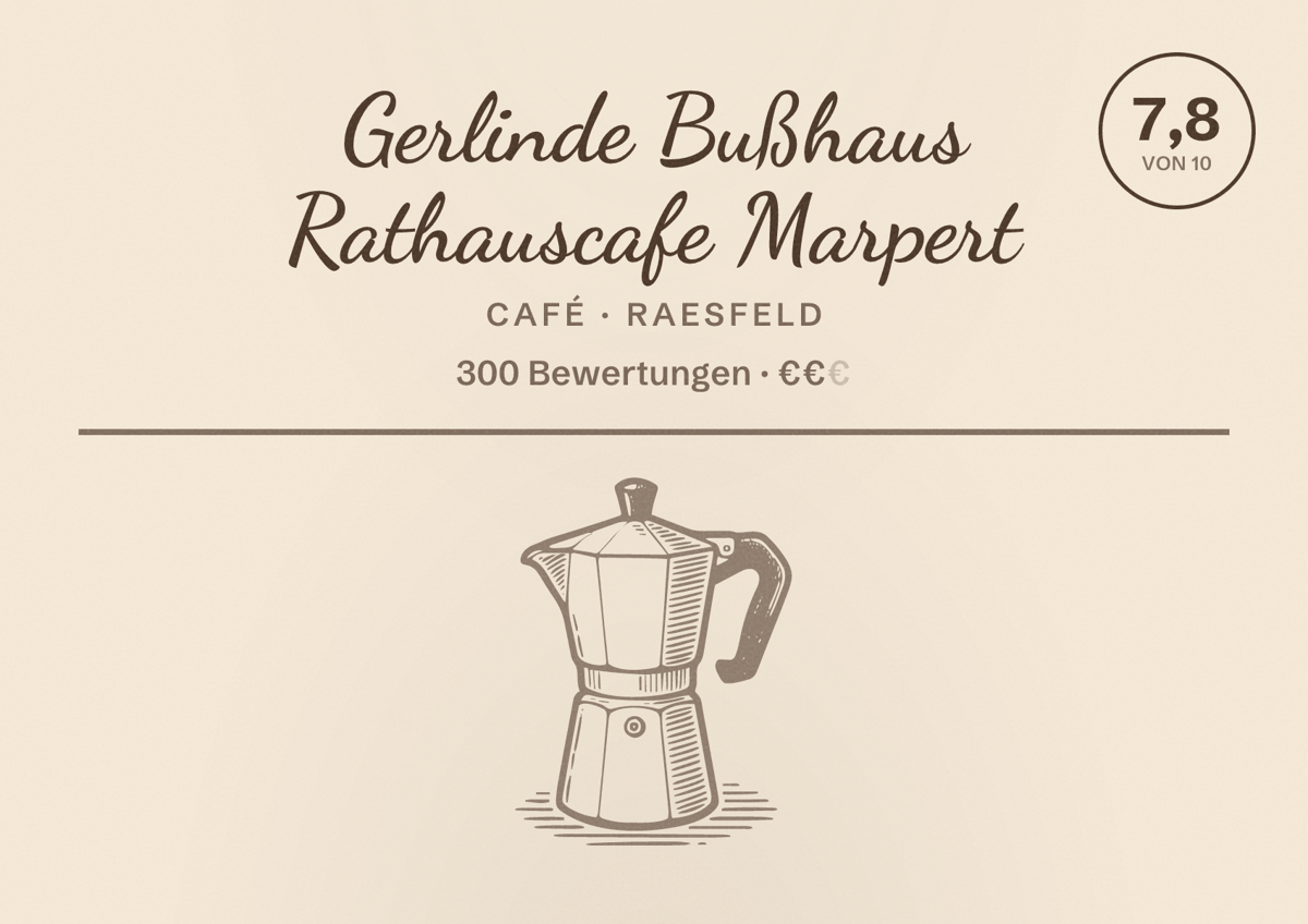 Illustriertes Poster von Gerlinde Bußhaus Rathauscafe Marpert, Café in Raesfeld: Bewertung 7,8 von 10 aus 300 Bewertungen, Preisniveau €€