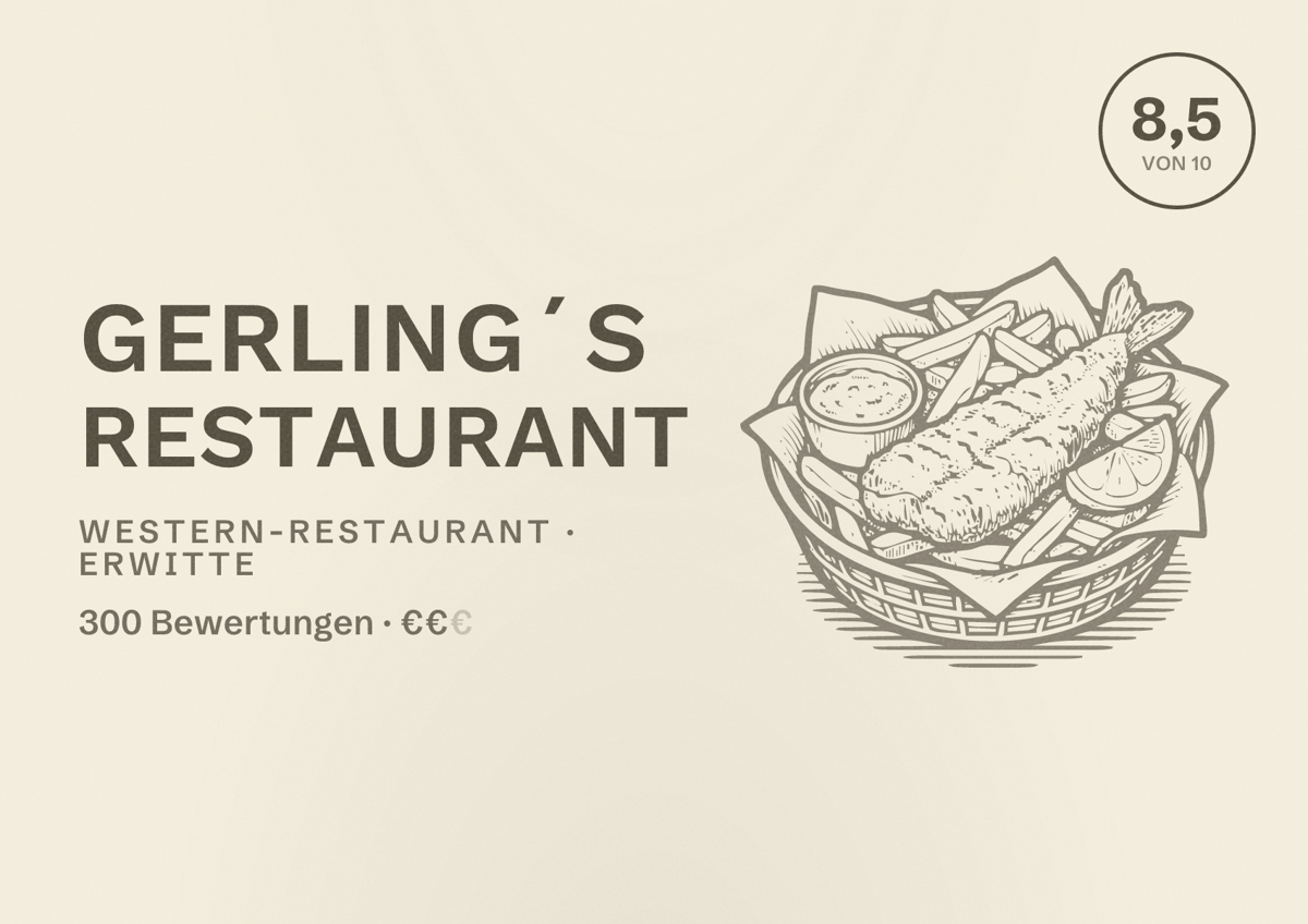 Illustriertes Poster von Gerling´s Restaurant, Western-Restaurant in Erwitte: Bewertung 8,5 von 10 aus 300 Bewertungen, Preisniveau €€
