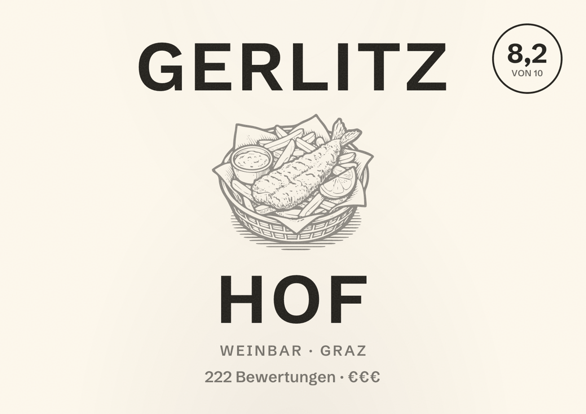 Illustriertes Poster von Gerlitz Hof, Weinbar in Graz: Bewertung 8,2 von 10 aus 222 Bewertungen, Preisniveau €€€