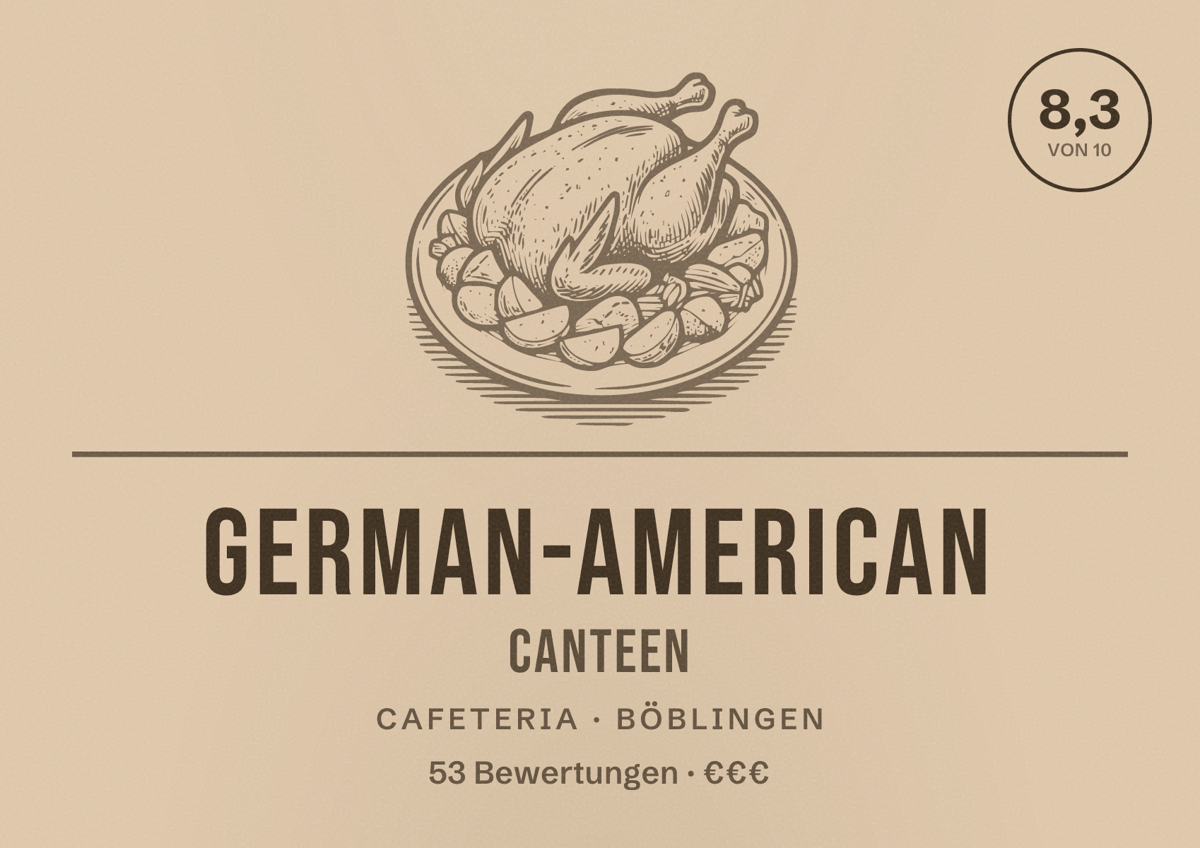 Illustriertes Poster von German-American Canteen, Cafeteria in Böblingen: Bewertung 8,3 von 10 aus 53 Bewertungen, Preisniveau €€€