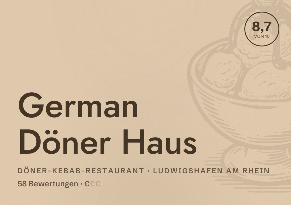 Illustriertes Poster von German Döner Haus, Döner-Kebab-Restaurant in Ludwigshafen am Rhein: Bewertung 8,7 von 10 aus 58 Bewertungen, Preisniveau €
