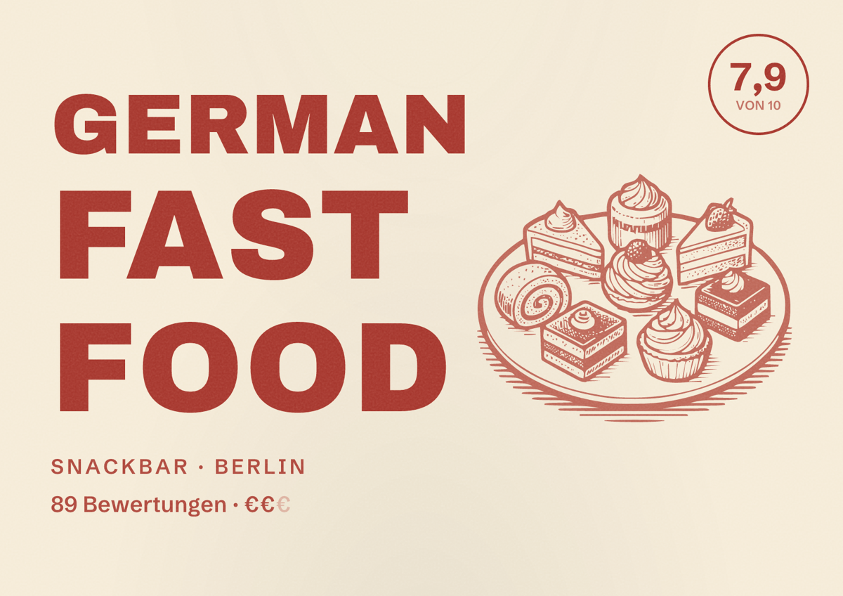 Illustriertes Poster von GERMAN FAST FOOD, Snackbar in Berlin: Bewertung 7,9 von 10 aus 89 Bewertungen, Preisniveau €€