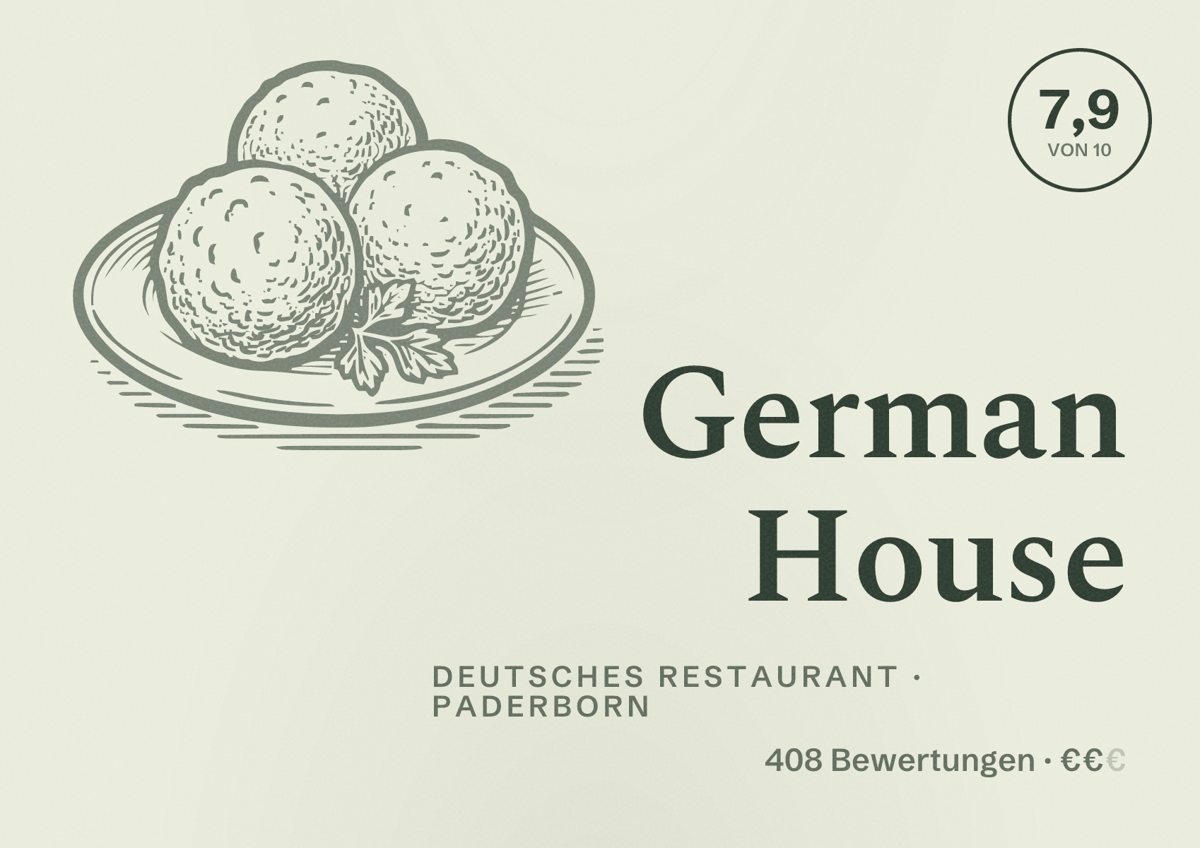 Illustriertes Poster von German House, Deutsches Restaurant in Paderborn: Bewertung 7,9 von 10 aus 408 Bewertungen, Preisniveau €€