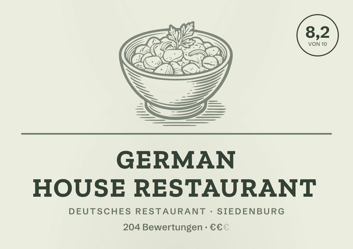 Illustriertes Poster von German House Restaurant, Deutsches Restaurant in Siedenburg: Bewertung 8,2 von 10 aus 204 Bewertungen, Preisniveau €€